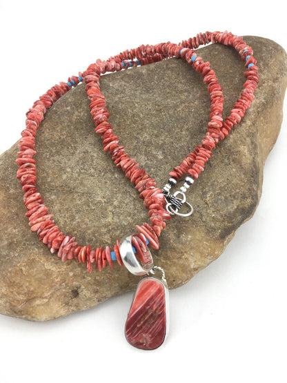 Spiny Oyster Pendant Turquoise Navajo Sterling Silver Beads Necklace 04890