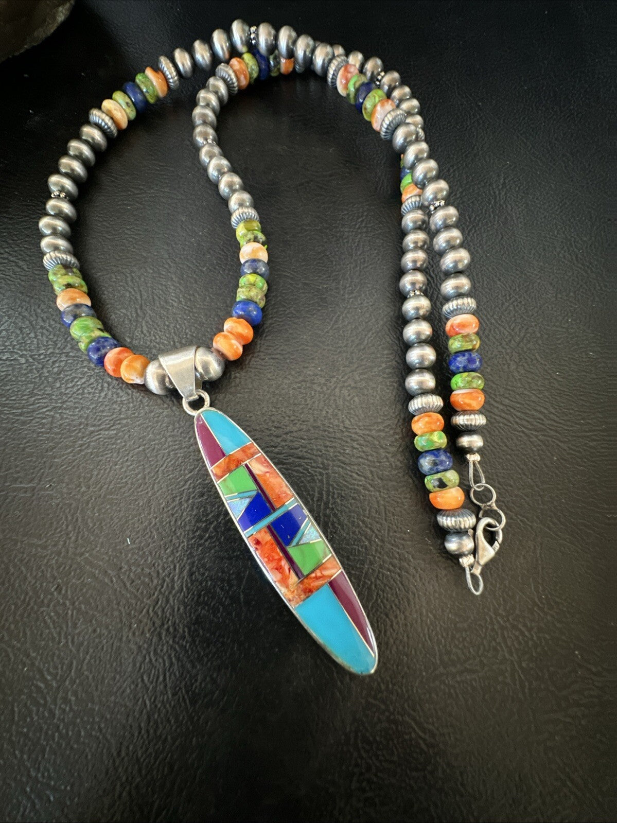 Turquoise Spiny Oyster Inlay Pendant Navajo Sterling Silver Necklace 21" 18822