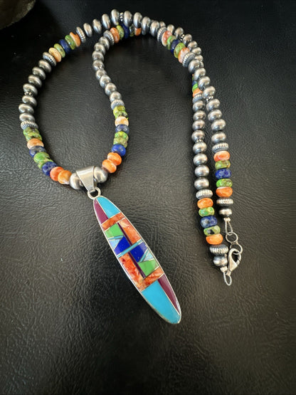 Turquoise Spiny Oyster Inlay Pendant Navajo Sterling Silver Necklace 21" 18822