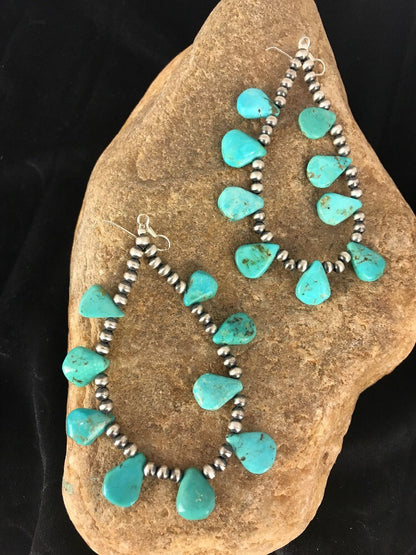 Blue Cluster Turquoise Sterling Silver Earrings 3.5”