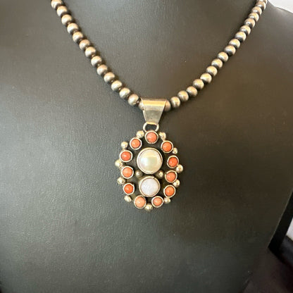 Pink Coral White Pearl Navajo Sterling Silver Cluster Pendant 1.5” 18402