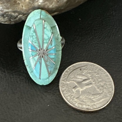 Native American Indian Navajo Blue Turquoise Inlay Band Ring Sz 7.5 18762