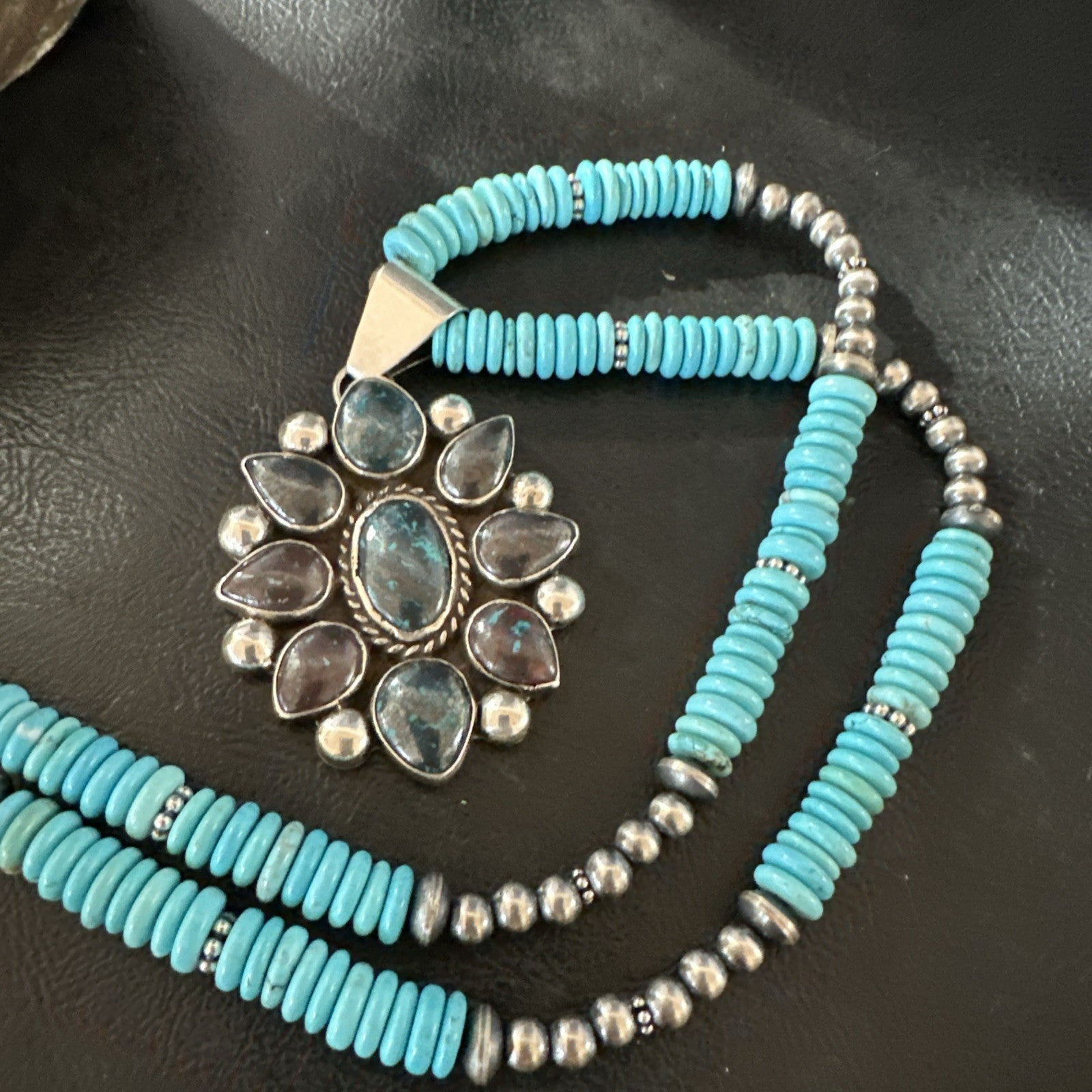 Blue Turquoise Navajo Sterling Silver Cluster Round Pendant Necklace 2”19660