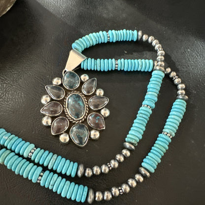 Blue Turquoise Navajo Sterling Silver Cluster Round Pendant Necklace 2”19660