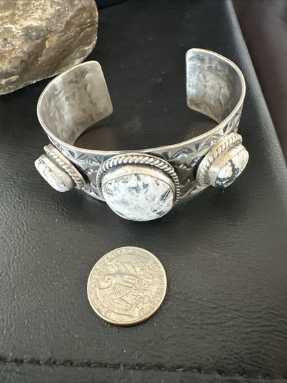 Mens WoMens White Buffalo Turquoise Navajo Sterling Silver Cuff Bracelet 17863
