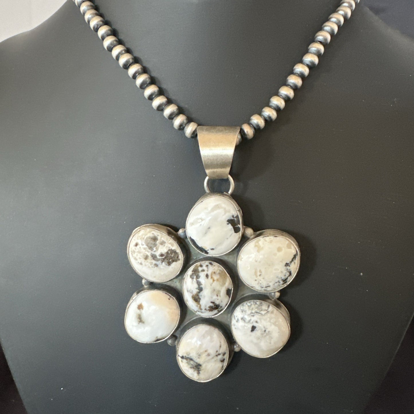 White Buffalo Turquoise Cluster Pendant Navajo Sterling Silver Necklace 19270