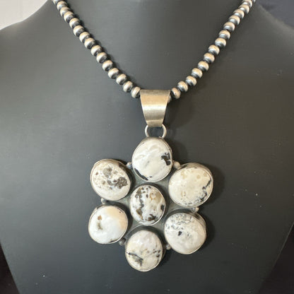 White Buffalo Turquoise Cluster Pendant Navajo Sterling Silver Necklace 19270