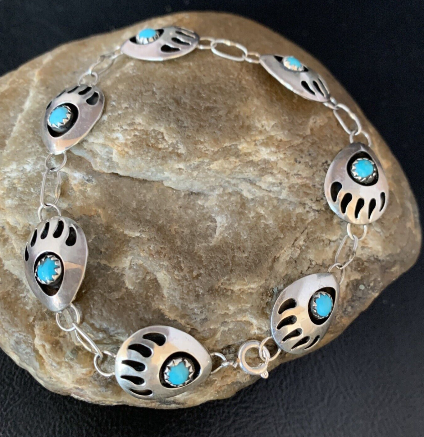 Turquoise BearPaw Navajo Sterling Silver Link Bracelet 08693