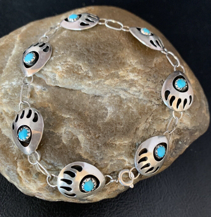 Turquoise BearPaw Navajo Sterling Silver Link Bracelet 08693