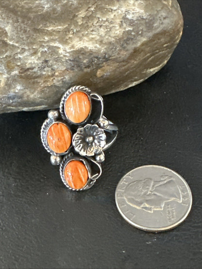 Orange Spiny Oyster Cluster Navajo Sterling Silver Ring Size 9.5 19184