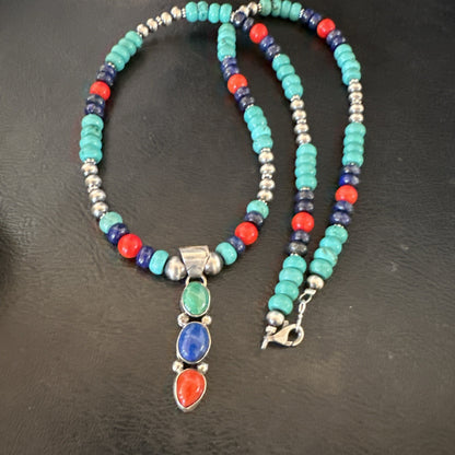 Multicolor Turquoise Coral Navajo Sterling Silver Cluster Pendant Necklace 19646