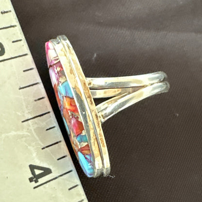 Blue Turquoise Orange Spiny Oyster Navajo Sterling Silver Ring Size 7 18212