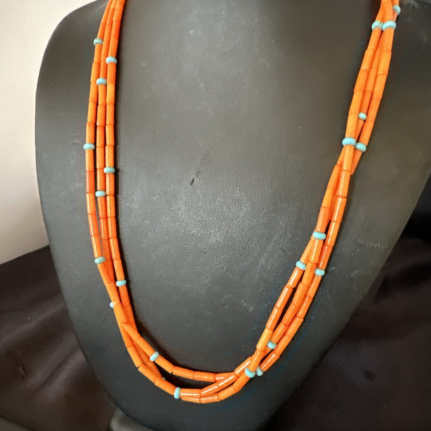 Native Turquoise Orange Coral Sterling Silver 3 Strand Necklace 21" 17819