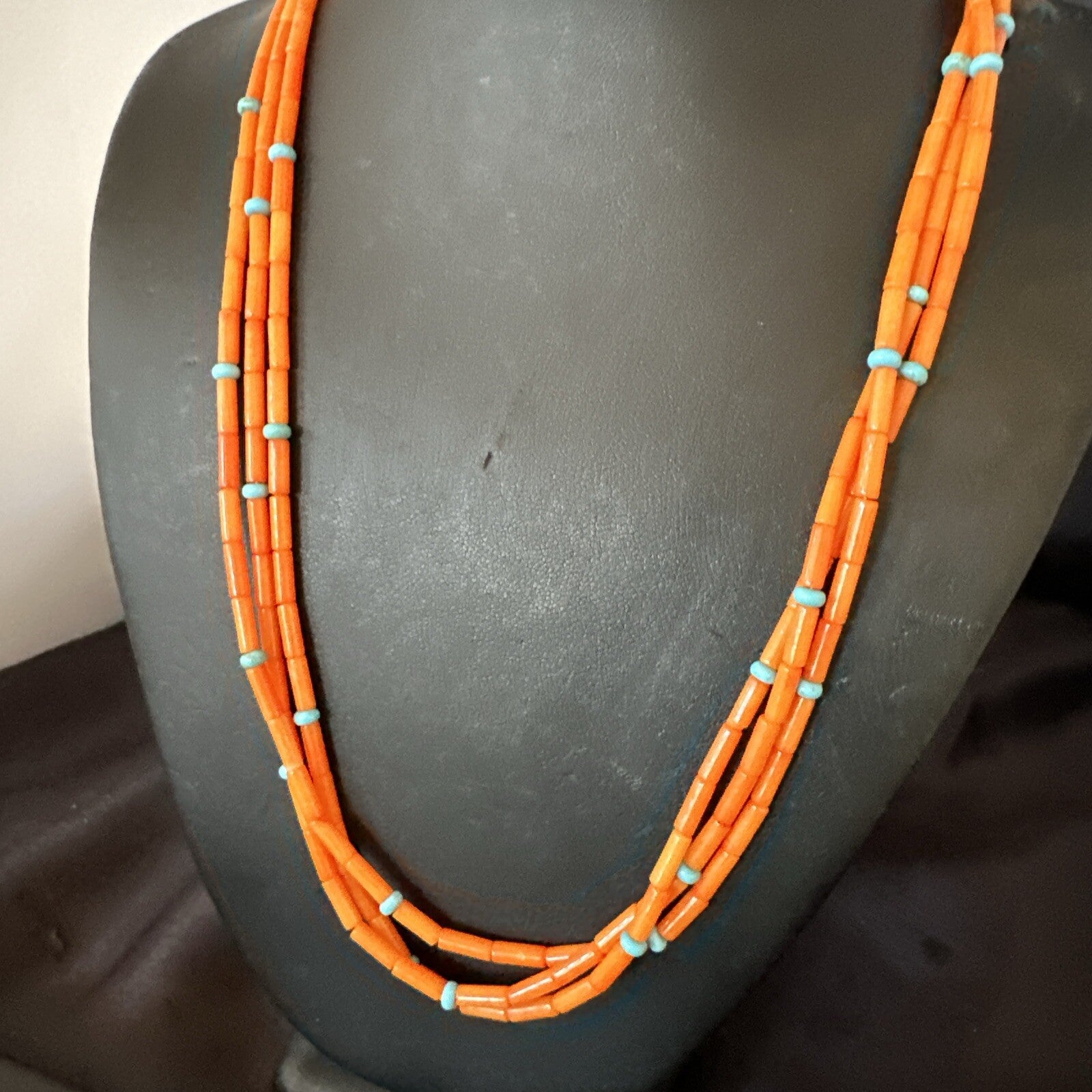 Native Turquoise Orange Coral Sterling Silver 3 Strand Necklace 21" 17819