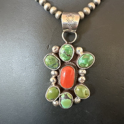 Navajo Sterling Cluster Red Turquoise Pendant Necklace 17714