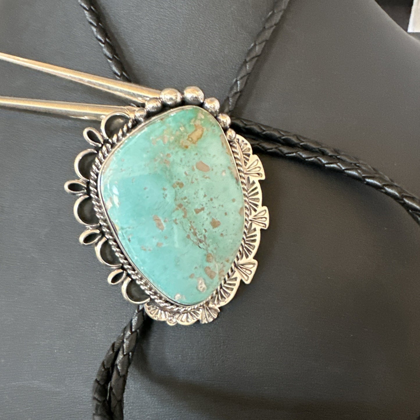 Native Mens Blue Green Royston Turquoise Bolo Tie Sterling Silver Navajo 19592