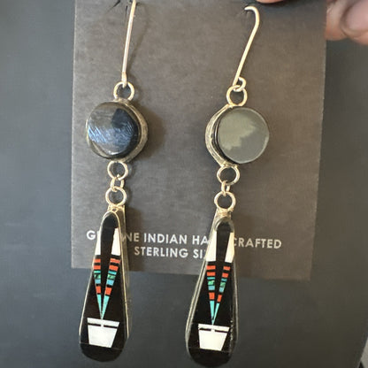 XL Navajo Onyx Turquoise Coral Inlay Earrings Sterling Silver Handmade 19774