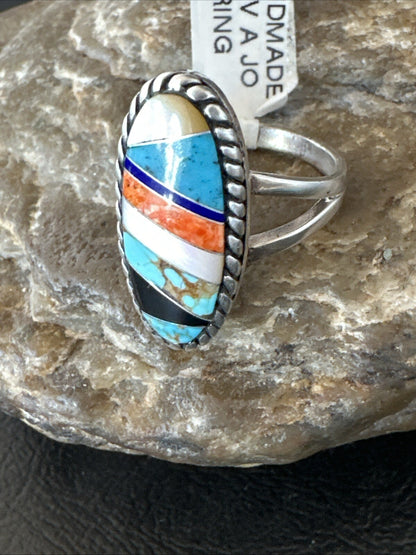 MultiColor Navajo Sterling Turquoise Spiny Oyster Inlay Ring Sz 8.5 18705