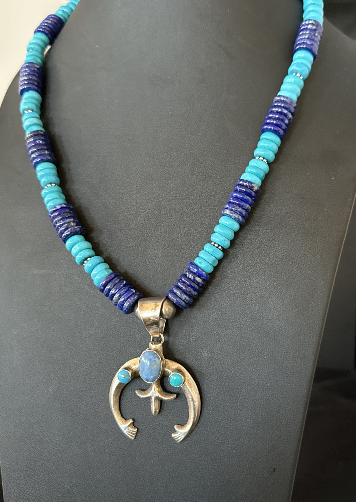 Blue Turquoise Lapis Naja Pendant Navajo 12mm Sterling Silver Necklace 19545