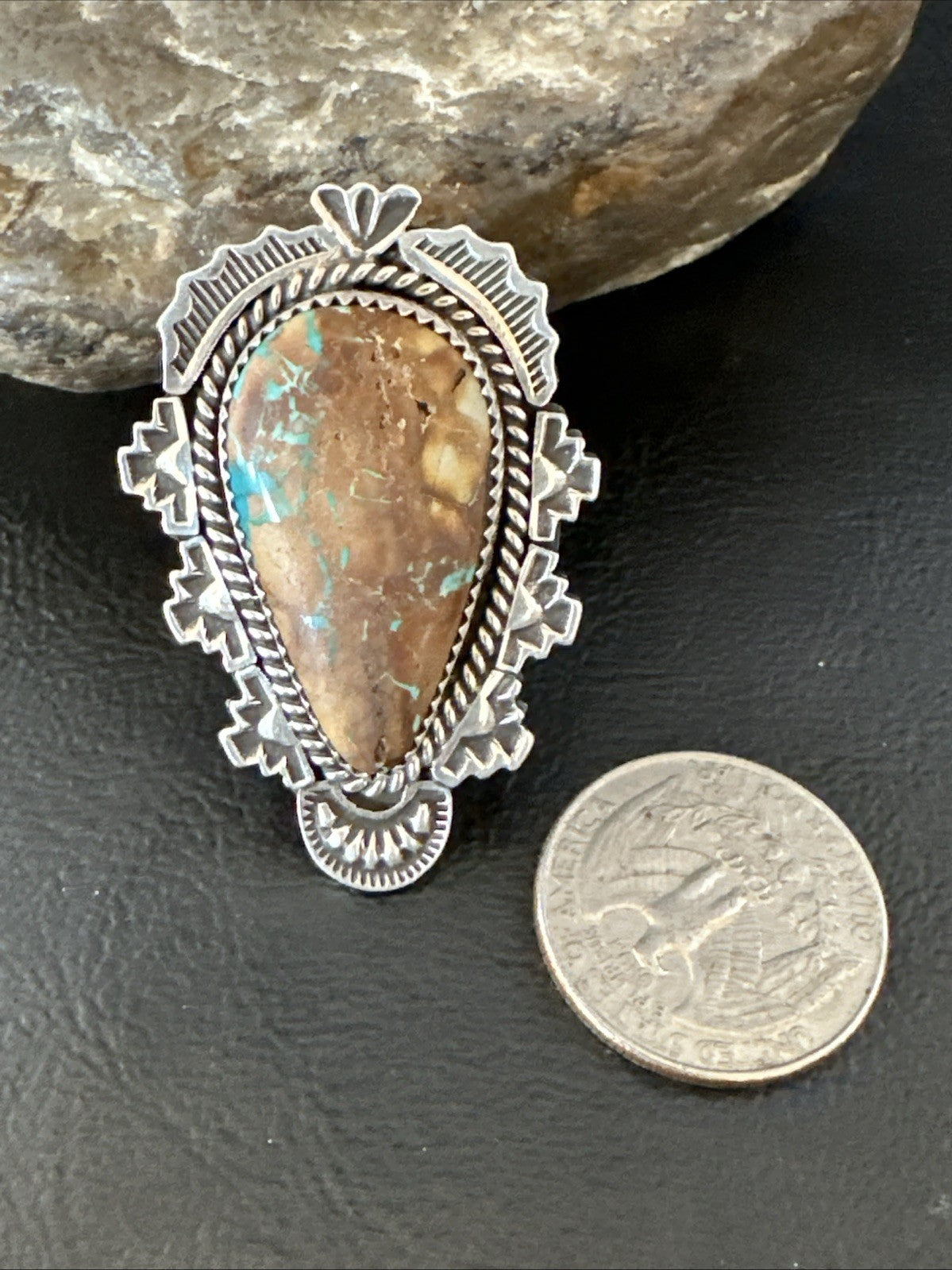 Navajo Sterling Silver Ribbon Boulder Green Turquoise Ring Size 11.5 19614