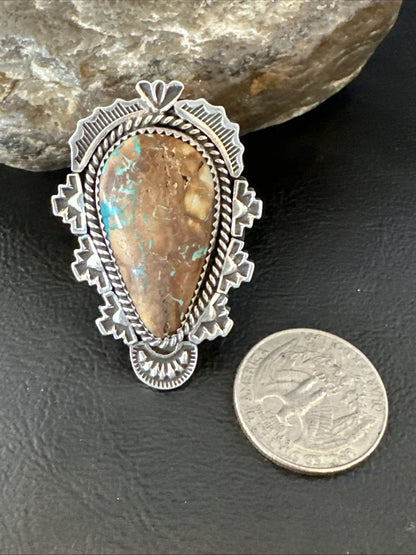 Navajo Sterling Silver Ribbon Boulder Green Turquoise Ring Size 11.5 19614
