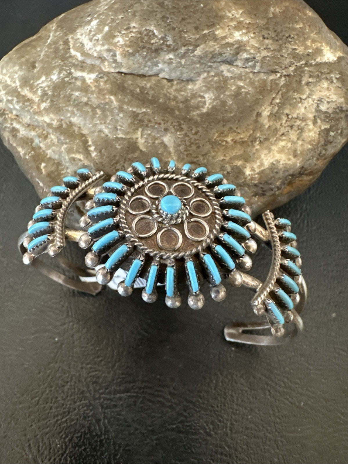 Blue Turquoise Native American Zuni Sterling Silver Cluster Cuff Bracelet 12151