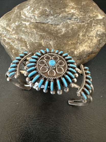 Blue Turquoise Native American Zuni Sterling Silver Cluster Cuff Bracelet 12151