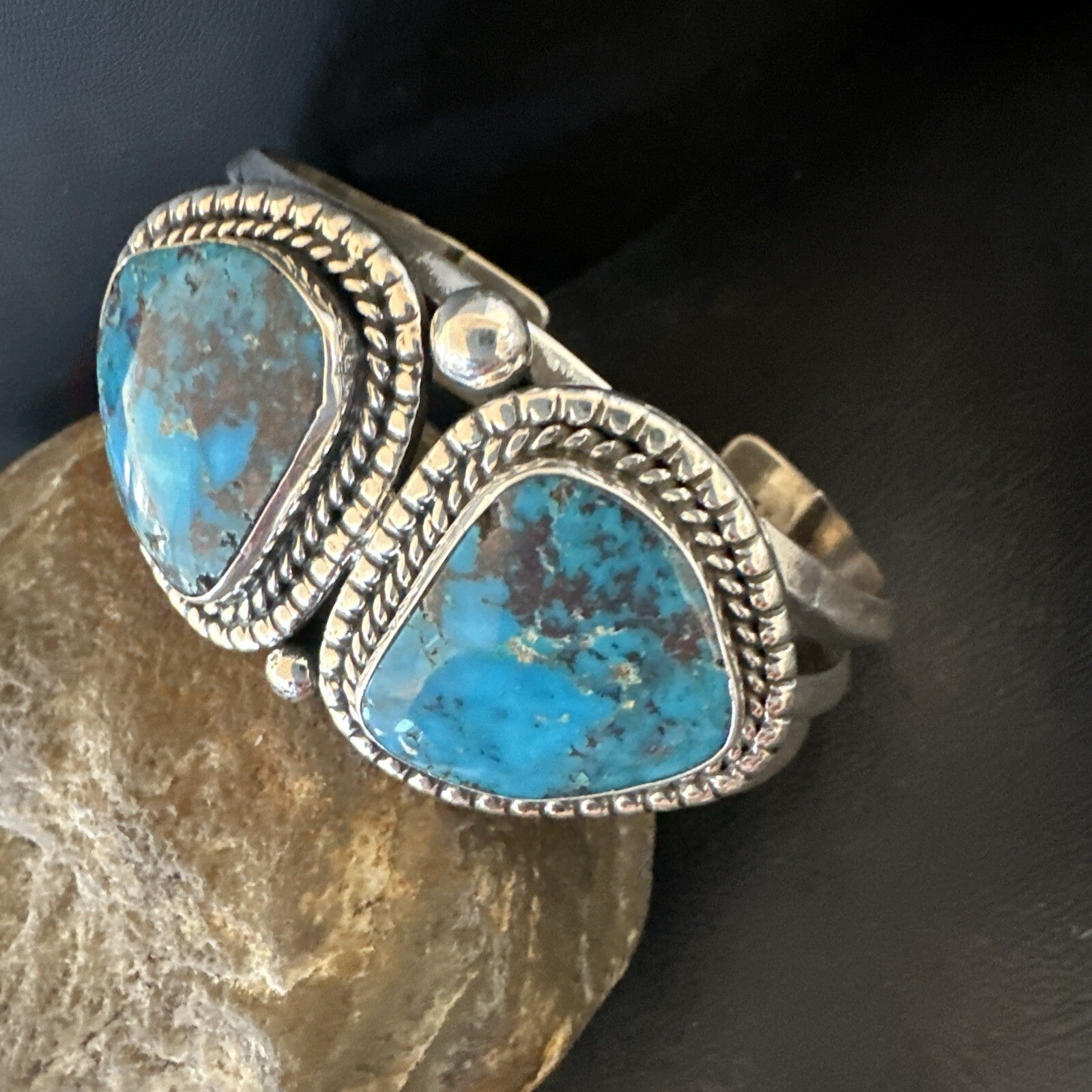 Navajo Blue TURQUOISE Stamped 2 Stone Sterling Silver Cuff Bracelet 8.25" 18717