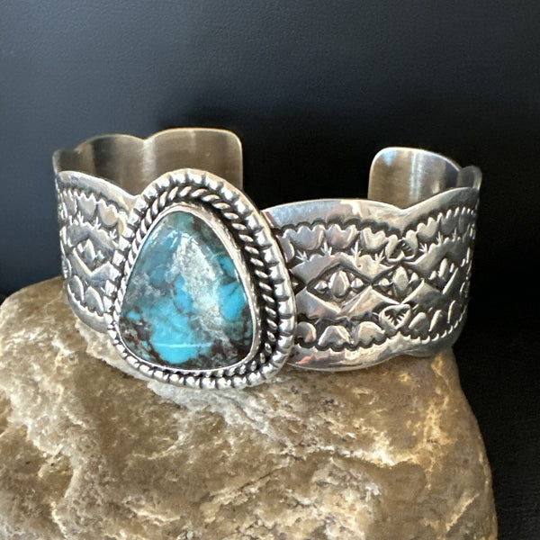 Navajo Blue TURQUOISE Stamped Cuff Bracelet 8.3" | Sterling Silver | Authentic Native American Handmade | 18716
