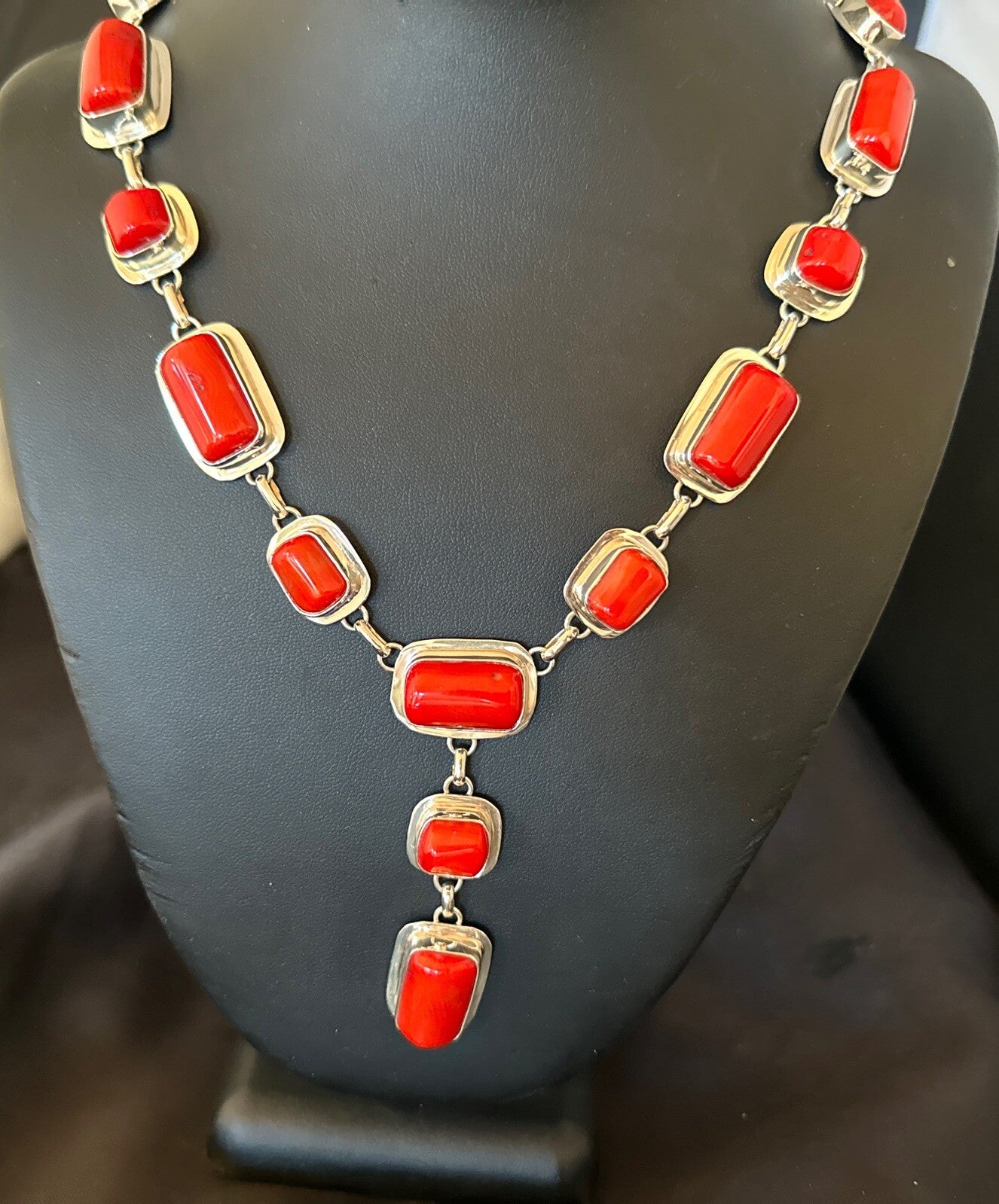 Handmade Women Red Coral Lariat Necklace Pendant Sterling Silver 19” 18410