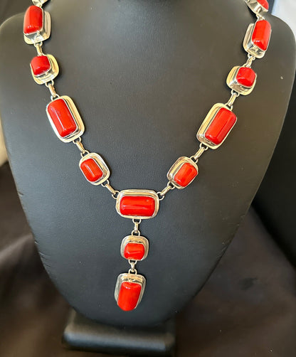 Handmade Women Red Coral Lariat Necklace Pendant Sterling Silver 19” 18410