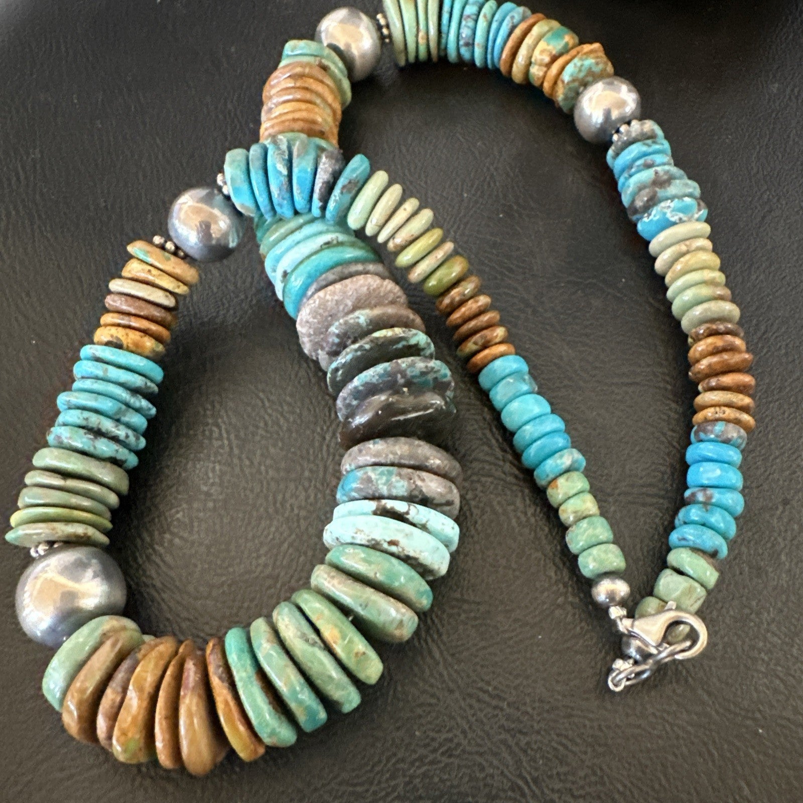 Blue Green Turquoise Navajo Sterling Silver Beads Necklace 20” 19176