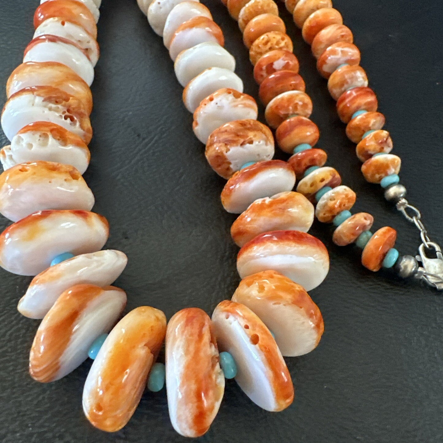 Orange Spiny Oyster Blue Turquoise Navajo Sterling Silver Necklace 23" 18088