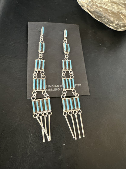 Kingman Turquoise Needle Point Zuni Sterling Silver 5 Tier Dangle Earrings 18636