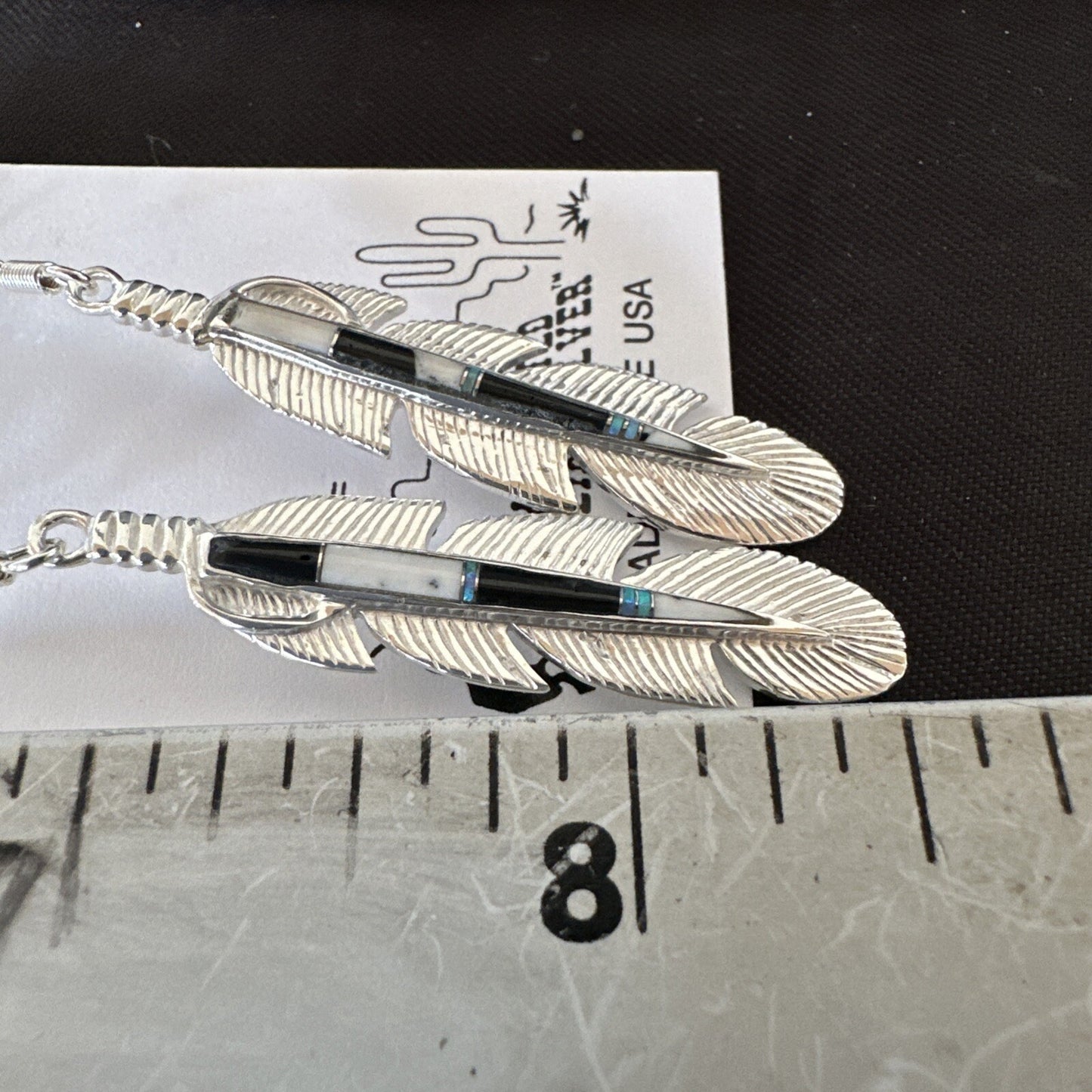 White Buffalo Turquoise Opal Sterling Silver Handmade Feather Earrings 18696