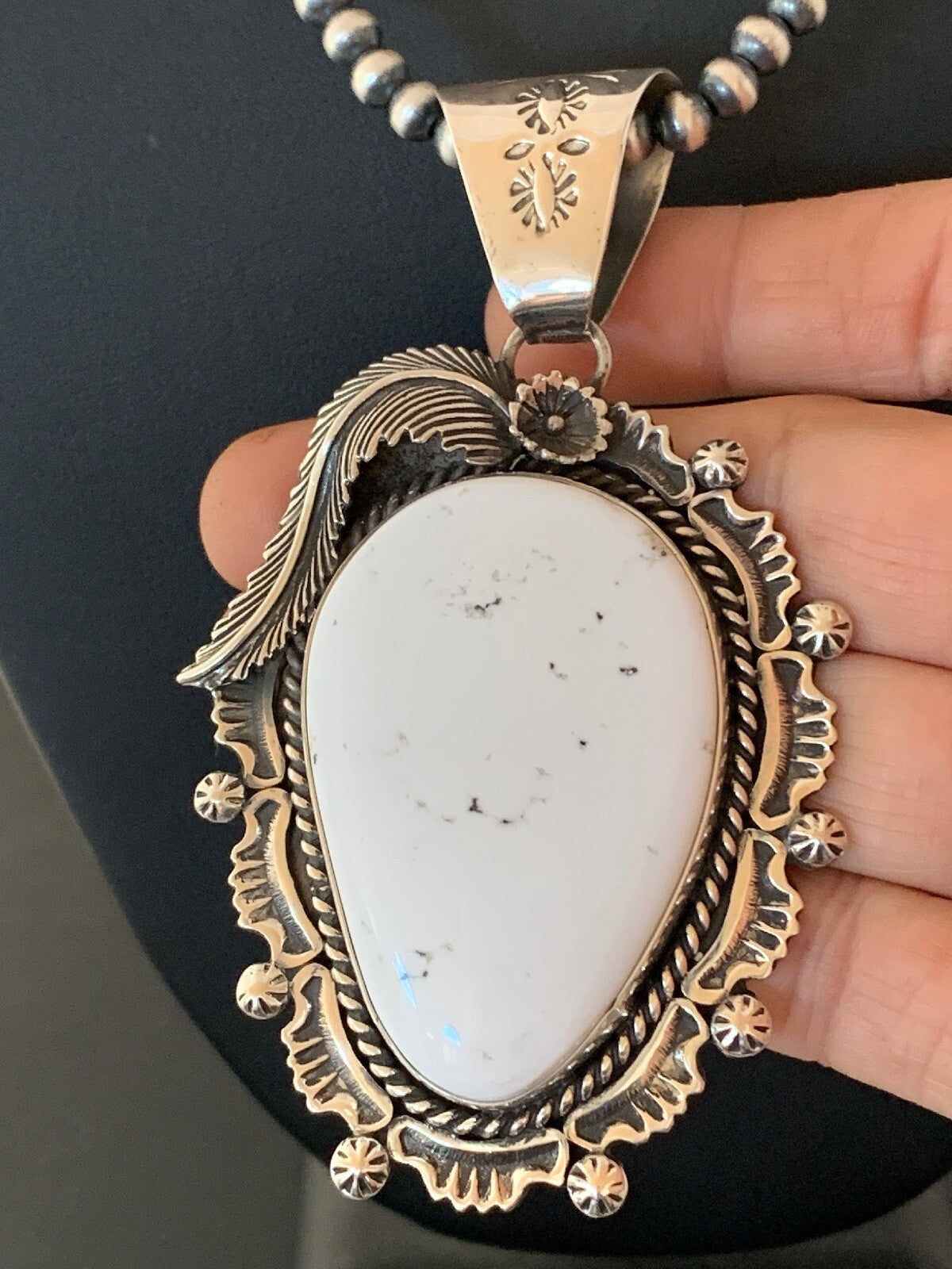 Mens White Buffalo Turquoise Pendant Navajo Sterling Silver Necklace 04238