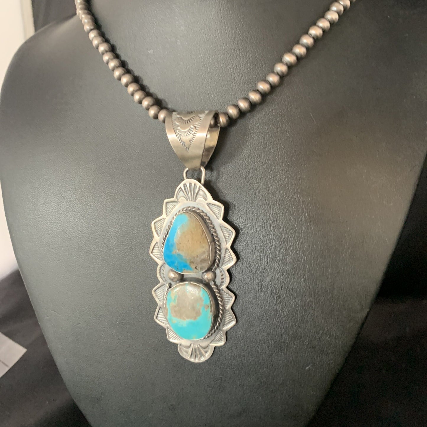 Mens Blue Kingman Turquoise 3" Pendan Sterling Silver Necklace 20" 13997N