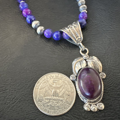 Purple Stone Pendant Navajo Pearls Sterling Silver Necklace 18387
