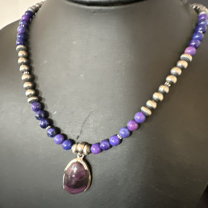 Purple Stone Pendant Navajo Pearls Sterling Silver Necklace 23" 17894