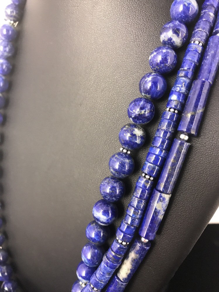 Native Denim Lapis 3 strand Sterling Silver Tube Bead 22" Necklace 3869