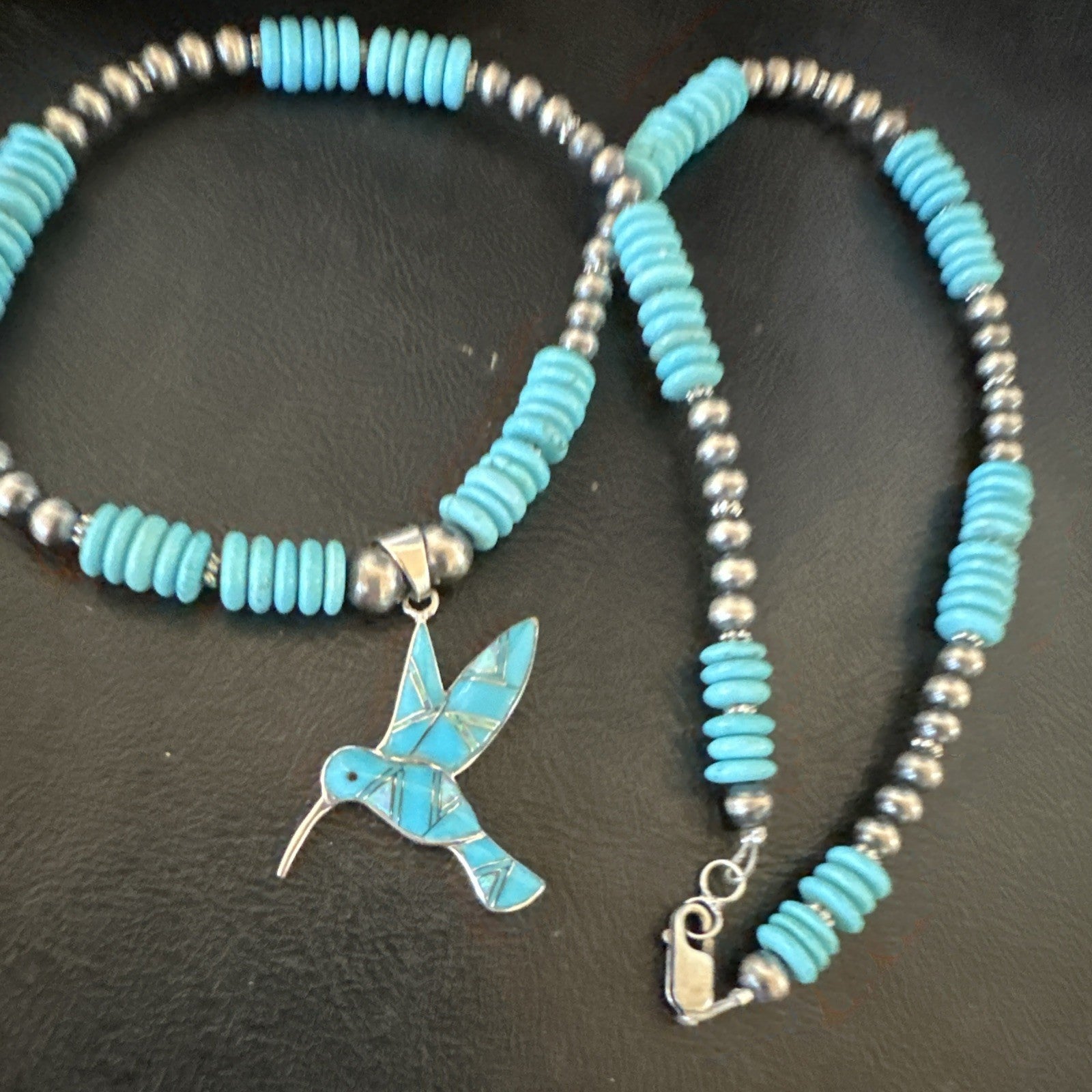 Blue Turquoise Opal HummingBird Inlay Pendant Navajo Sterling Necklace 19500
