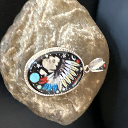 Turquoise Navajo Sterling Silver IndianHead MultiColor Inlay Pin Pendant 15156
