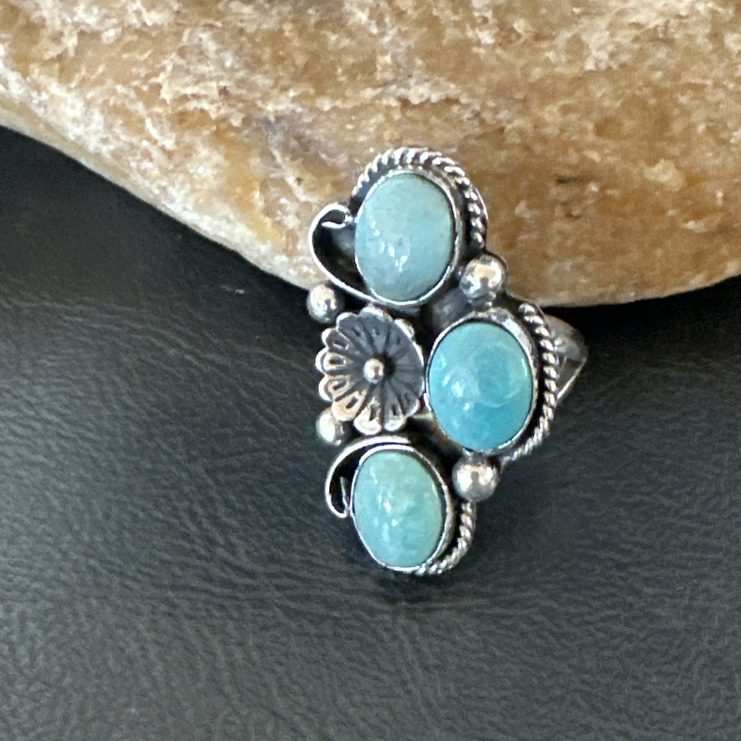 Yazzie Ring Green Turquoise Navajo Sterling Silver Cluster Size 8 19222