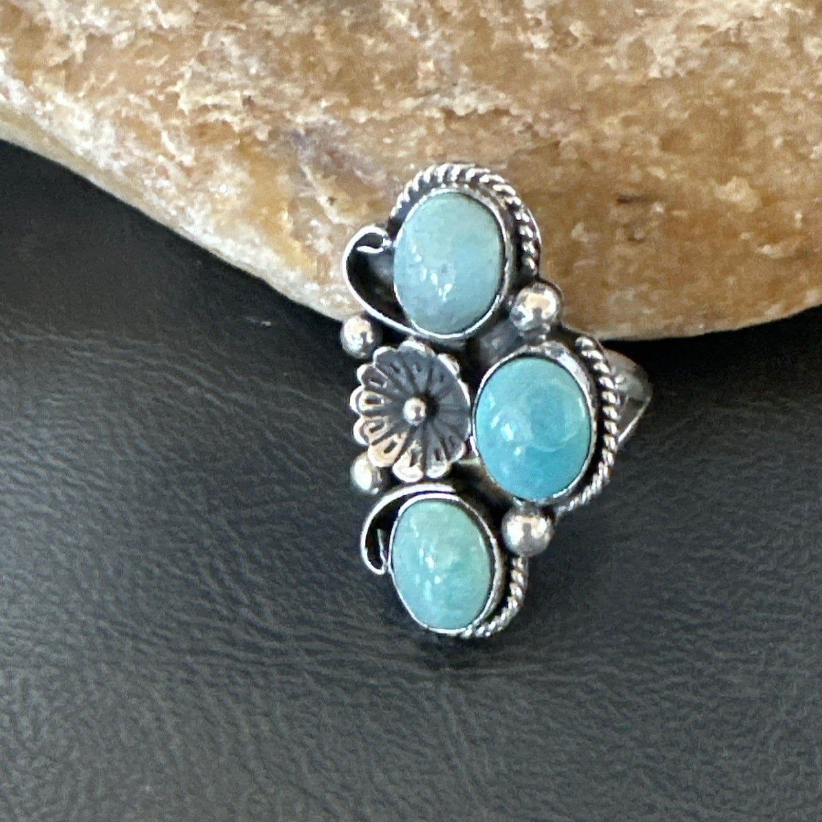 Yazzie Ring Green Turquoise Navajo Sterling Silver Cluster Size 8 19222