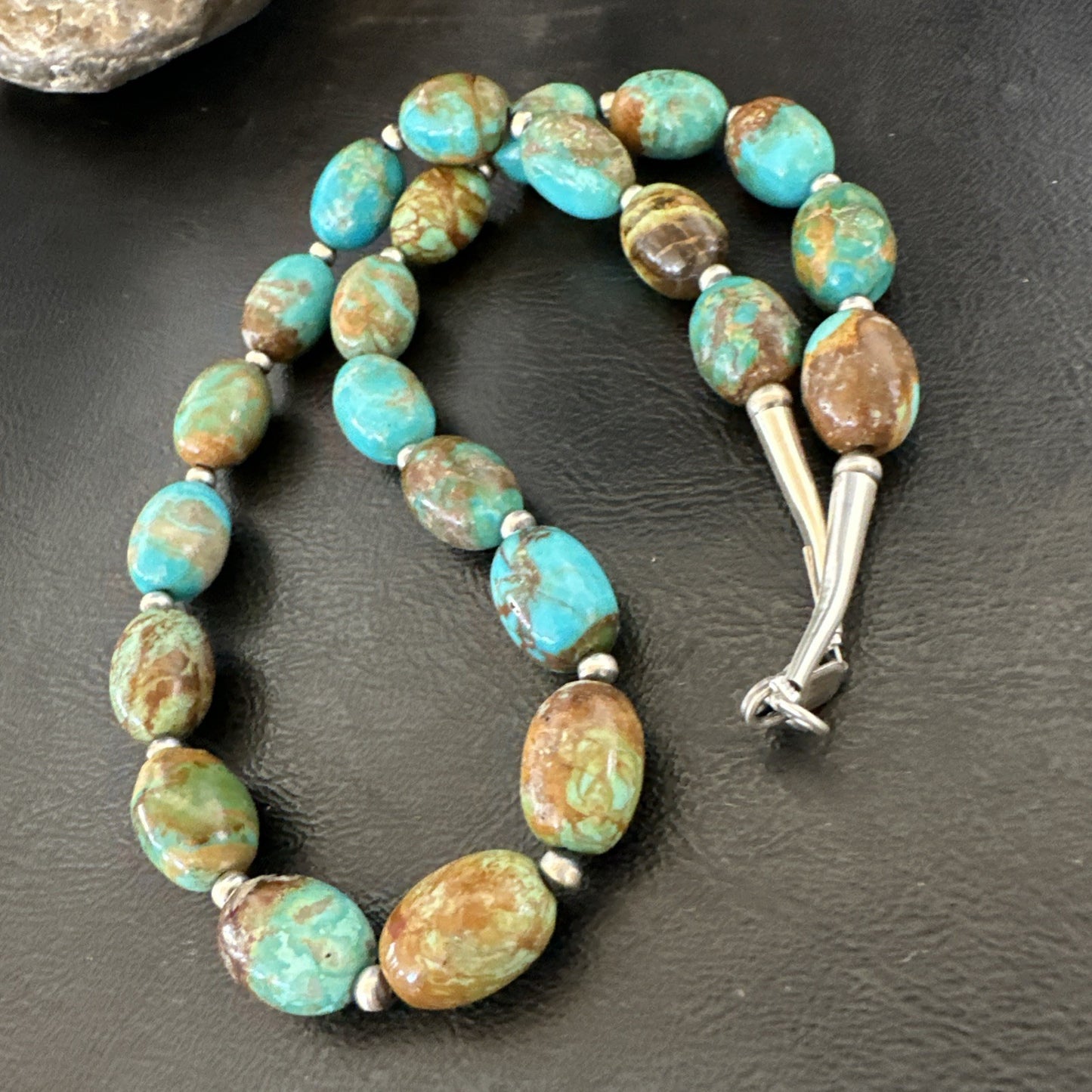 Green Blue Royston Turquoise Navajo Sterling Silver Beads Necklace 18" 19562