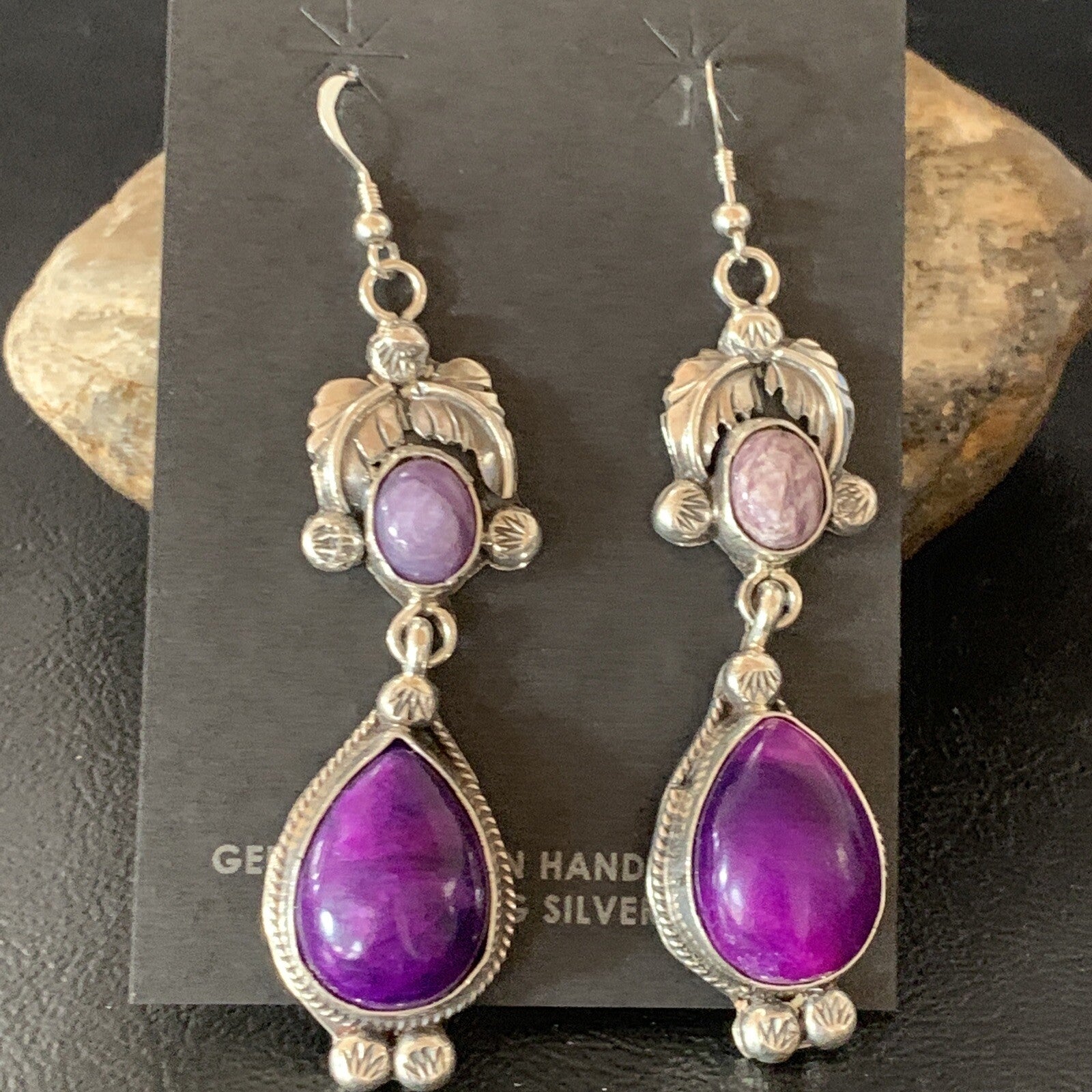 Purple Stone Navajo Sterling Silver Dangle Earrings 2" 12882