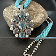 Blue Turquoise Navajo Cluster Round Pendant Necklace 2" | Sterling Silver | Authentic Native American Handmade | 19660