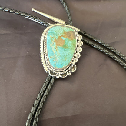 Native Mens Blue Green Royston Turquoise Bolo Tie Sterling Silver Navajo 19594