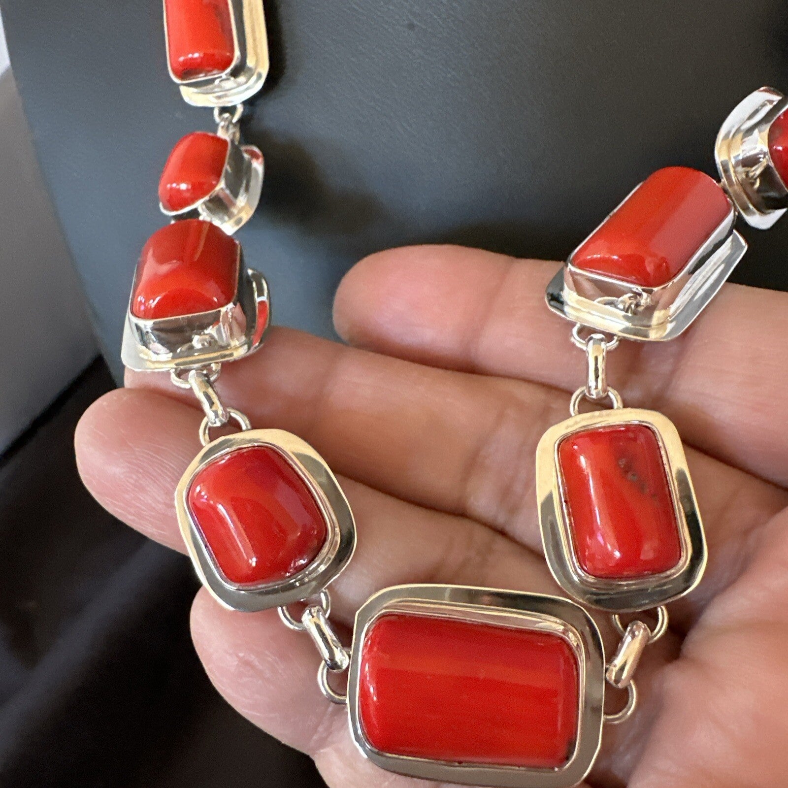 Handmade Women Red Coral Choker Necklace Pendant Sterling Silver 20” 18412