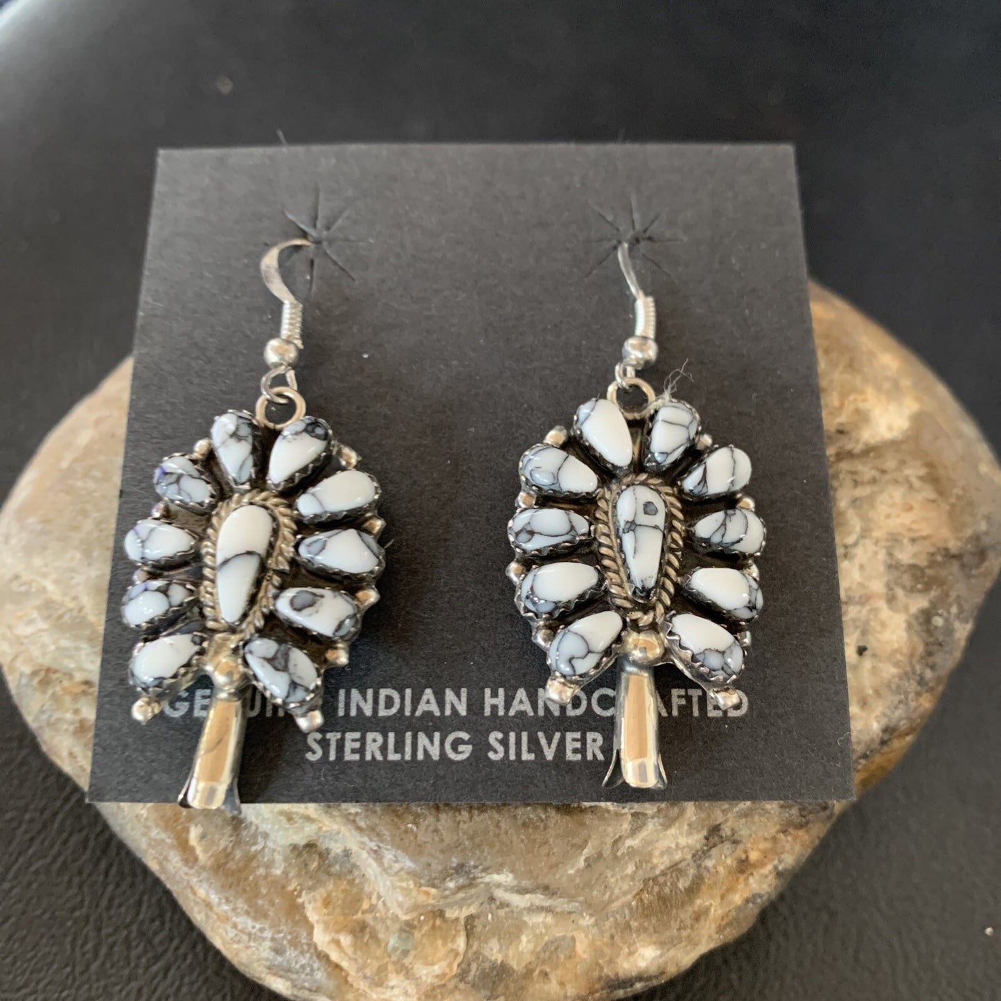 Cluster Navajo White Buffalo Turquoise Sterling Silver Dangle Earrings 12837